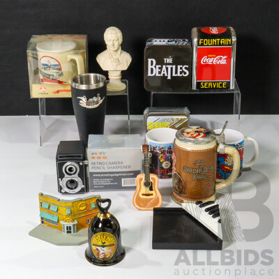 Collection of Music and TV Paraphernalia Including Mugs, Beatles Coasters, Vintage Coca Cola Napkin Holder, Retro Pencil Sharpener and More