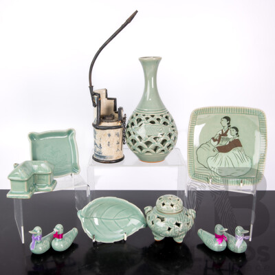 Collection Korean & Chinese Celadon Porcelain Including Antique Opium Pipe, Tripod Legged Lidded Censer, Pierced Vase with Fish Decoration and More