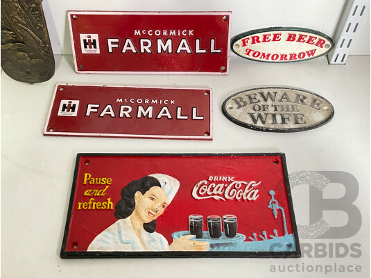 Collection of Mixed Cast Iron Wall Mounts Including Coca Cola, Farmall, Free Beer and More