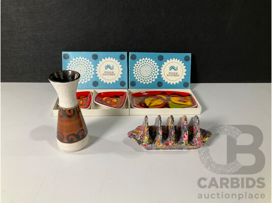 Collection of Sundries Including Vase, Three Poole Pottery Dishes and Royal Winton Grimwade Toast Rack