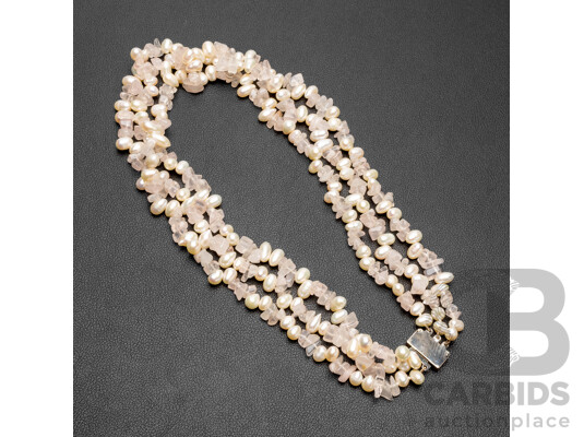 Amethyst & Freshwater Pearl Triple Strand Necklace. Length - 47cms