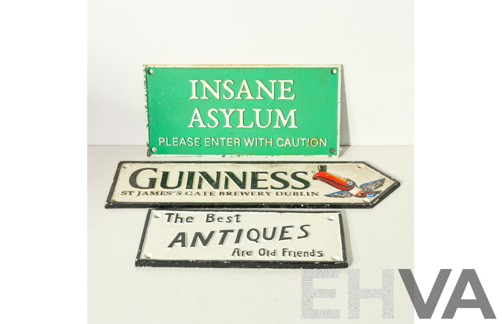 Set of 3 Cast Iron Signs - Guinness, Antiques, Insane Asylum