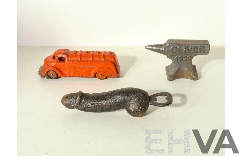 Cast Iron Assortment - Oliver 1929 Miniature Anvil, Penis Bottle Opener, Oil Tanker Truck