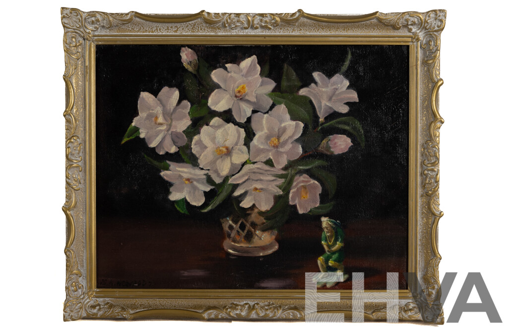 Artist Unknown (20th Century, Working C1970s), Still Life - Flowers with Japanese Figurine (1970), Wonderful Vintage Original Oil on Canvas, 45 x 55 cm (frame)