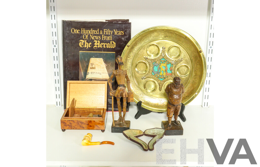 Collection of Sundries Including News Book From the Herald, Wooden Figurines, Music Box, Pipe and Brass Seder Plate
