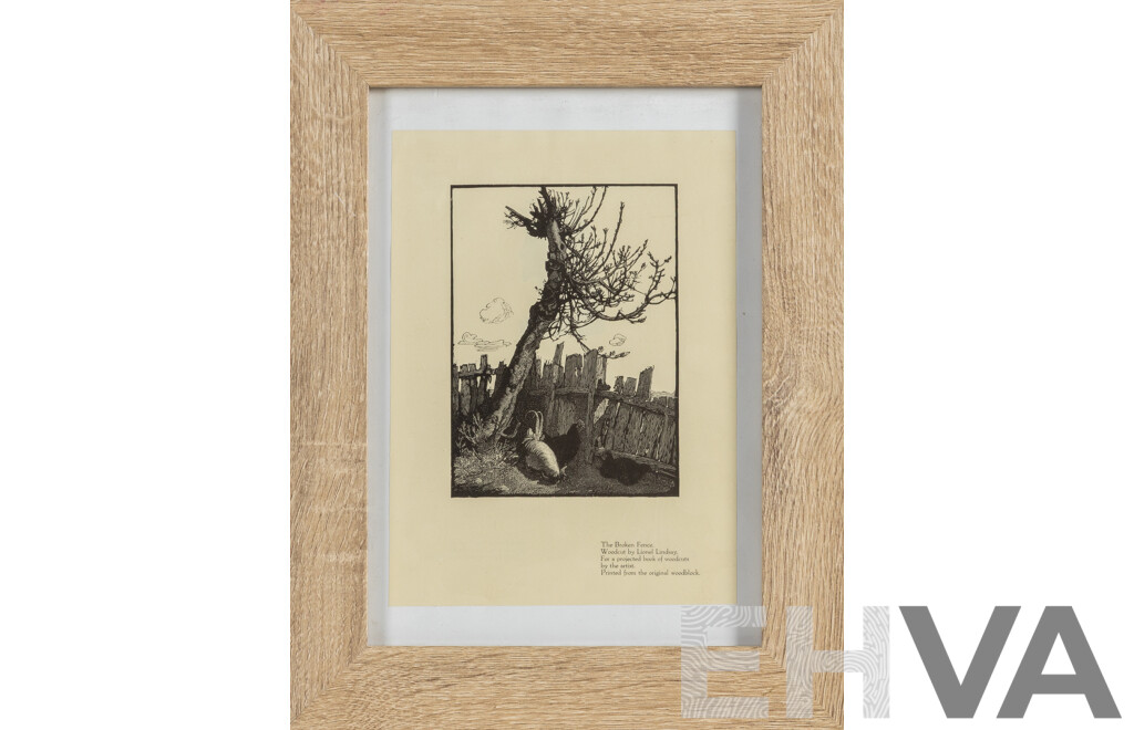 After Lionel Lindsay (19/20th Centuries, Australian, 1874-1961), The Broken Fence, Reproduction Print After Original 1923 Wood Cut, 37 x 29 cm (frame)