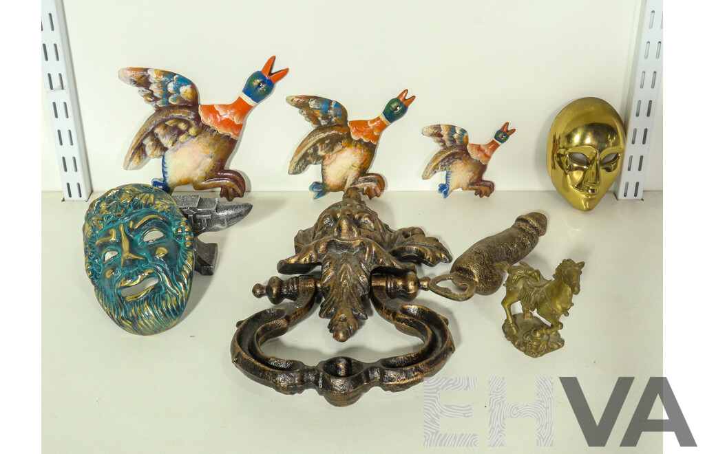 Collection of Cast Iron Including Retro Ducks, Horse, Masks, Bottle Opener, Door Knocker and Anvil