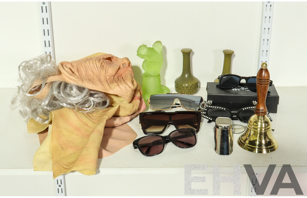 Collection of Sundries Including Sunglasses, Masks, Pepper Shaker, Bell, Squirrel Figure and Georg Jensen Bottle Stopper
