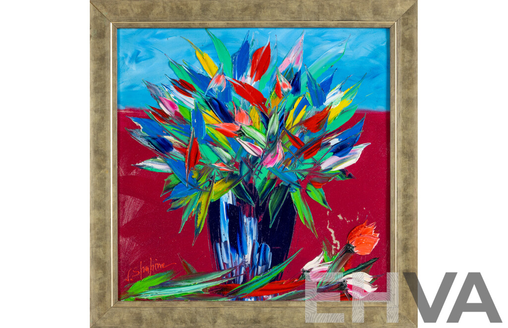 Jack Shahine, (20th Century, Australian), Summer Blooms in Blue Vase, Wonderful Original Acrylic on Board, 51 x 51 cm (frame)