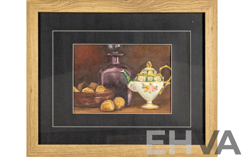 Surgey (20th Century), Decorative Teapot, Purple Vase with Walnuts, Original Oil on Canvas Board, 47 x 57 cm (frame)