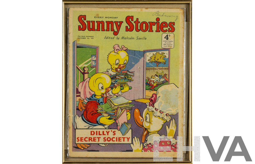 Framed Copy of Sunny Stories, Dilly's Secret Society, British Vintage Children's Magazine, Published October 7th, 1957, 26 x 20 cm (frame)