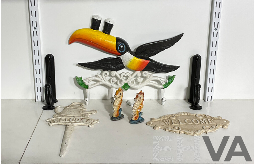 Collection of Mixed Cast Iron Including Toucan Coat Hook, Welcome Sign, Sea Horses and Wall-hanging Hooks