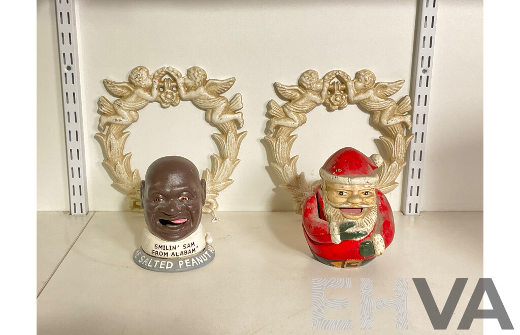 Collection of Mixed Cast Iron Including Two Angel Wall Mount, Smilin Sam and Santa Coin Bank
