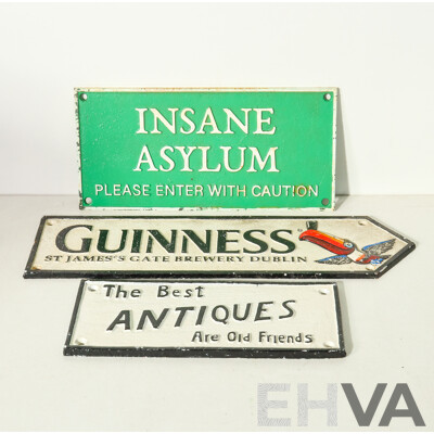 Set of 3 Cast Iron Signs - Guinness, Antiques, Insane Asylum