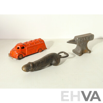 Cast Iron Assortment - Oliver 1929 Miniature Anvil, Penis Bottle Opener, Oil Tanker Truck