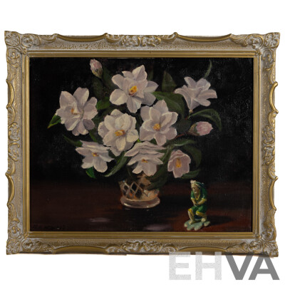 Artist Unknown (20th Century, Working C1970s), Still Life - Flowers with Japanese Figurine (1970), Wonderful Vintage Original Oil on Canvas, 45 x 55 cm (frame)