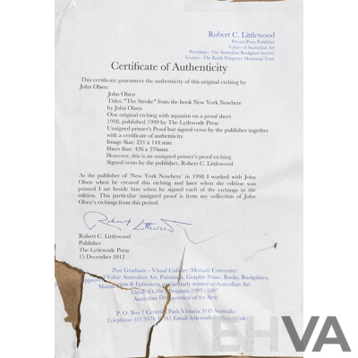 John Olsen, (20th Century, Australian, 1928-2023 ) The Stroke (from the Book New York Nowhere by Same), Unsigned Printer's Proof After Original 1998 Etching, 48 x 38 cm (frame)