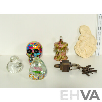 Collection of Sundries Including Colourful Skull, Glass Sculptures, Madonna and Child Sculpture, Vintage Puzzle Padlock and More