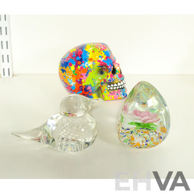 Collection of Sundries Including Colourful Skull, Glass Sculptures, Madonna and Child Sculpture, Vintage Puzzle Padlock and More