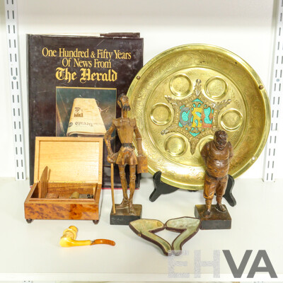 Collection of Sundries Including News Book From the Herald, Wooden Figurines, Music Box, Pipe and Brass Seder Plate
