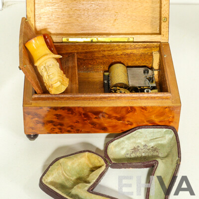 Collection of Sundries Including News Book From the Herald, Wooden Figurines, Music Box, Pipe and Brass Seder Plate