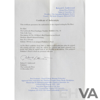 Pro Hart, (20th Century, Crib Time, Hand Coloured Etching, Unsigned Publisher's Proof, 29 x 37 cm (frame)