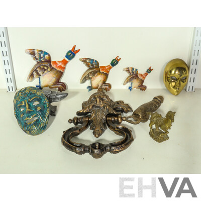 Collection of Cast Iron Including Retro Ducks, Horse, Masks, Bottle Opener, Door Knocker and Anvil