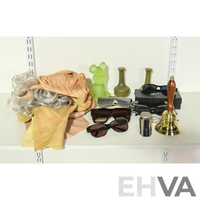 Collection of Sundries Including Sunglasses, Masks, Pepper Shaker, Bell, Squirrel Figure and Georg Jensen Bottle Stopper