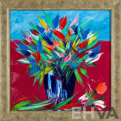 Jack Shahine, (20th Century, Australian), Summer Blooms in Blue Vase, Wonderful Original Acrylic on Board, 51 x 51 cm (frame)