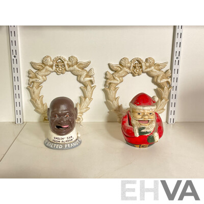 Collection of Mixed Cast Iron Including Two Angel Wall Mount, Smilin Sam and Santa Coin Bank