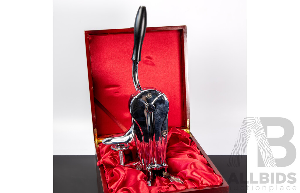 Chrome Bench Mount Cork Screw in Presentation Case