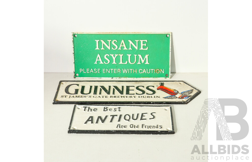 Set of 3 Cast Iron Signs - Guinness, Antiques, Insane Asylum