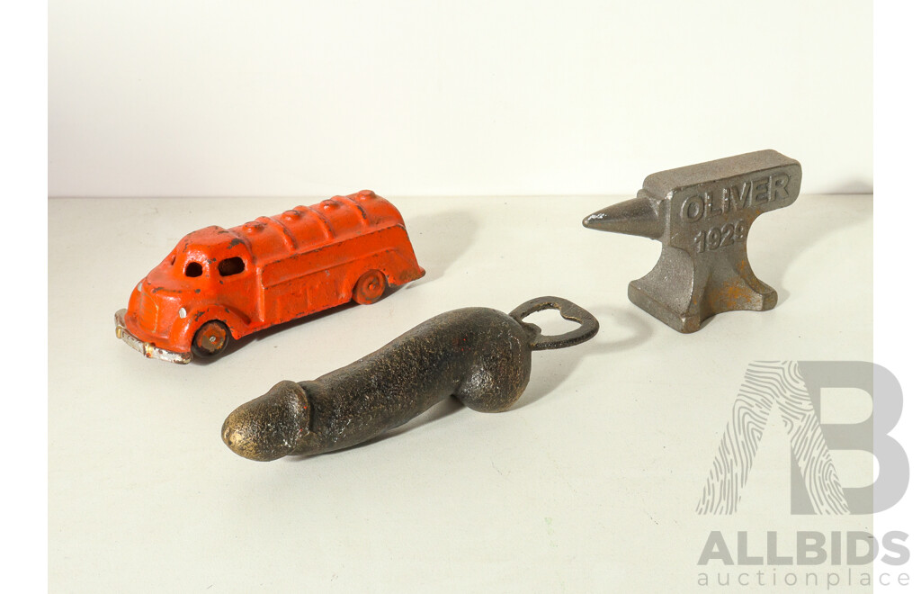 Cast Iron Assortment - Oliver 1929 Miniature Anvil, Penis Bottle Opener, Oil Tanker Truck