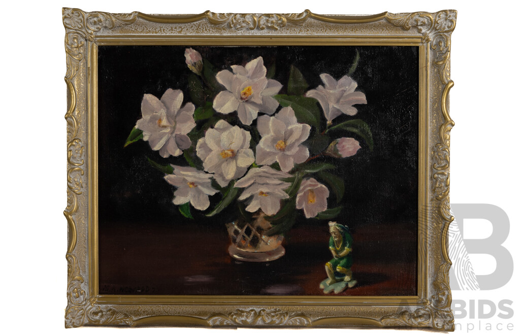 Artist Unknown (20th Century, Working C1970s), Still Life - Flowers with Japanese Figurine (1970), Wonderful Vintage Original Oil on Canvas, 45 x 55 cm (frame)