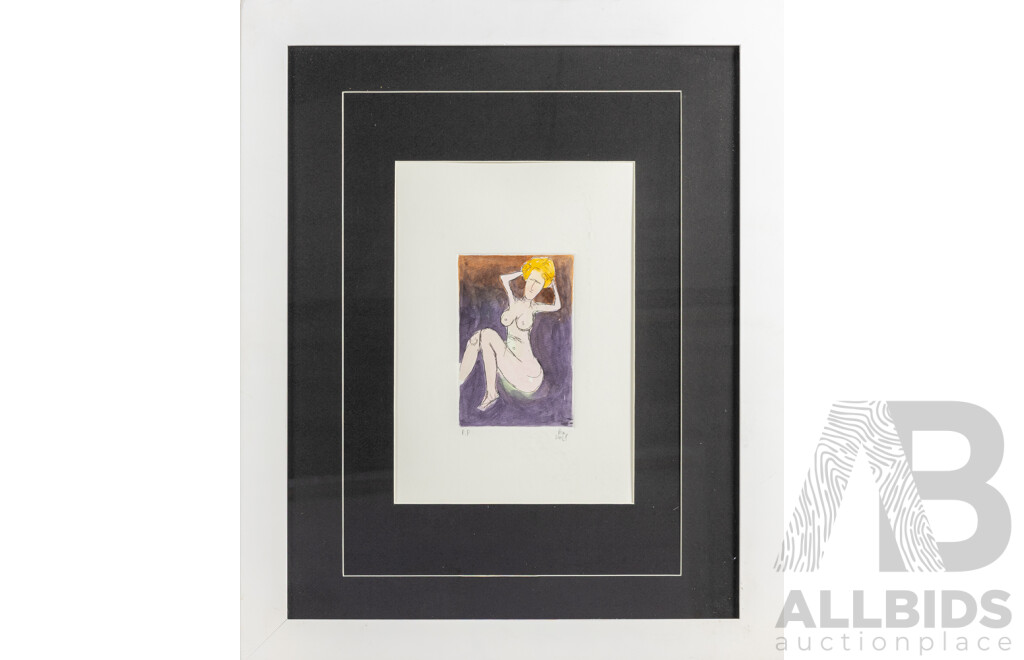 Pro Hart, (20th Century, Australian, 1928-2006), Nude Fixing Hair, Editioned Etching, 56.5 x 46.5 cm (frame)