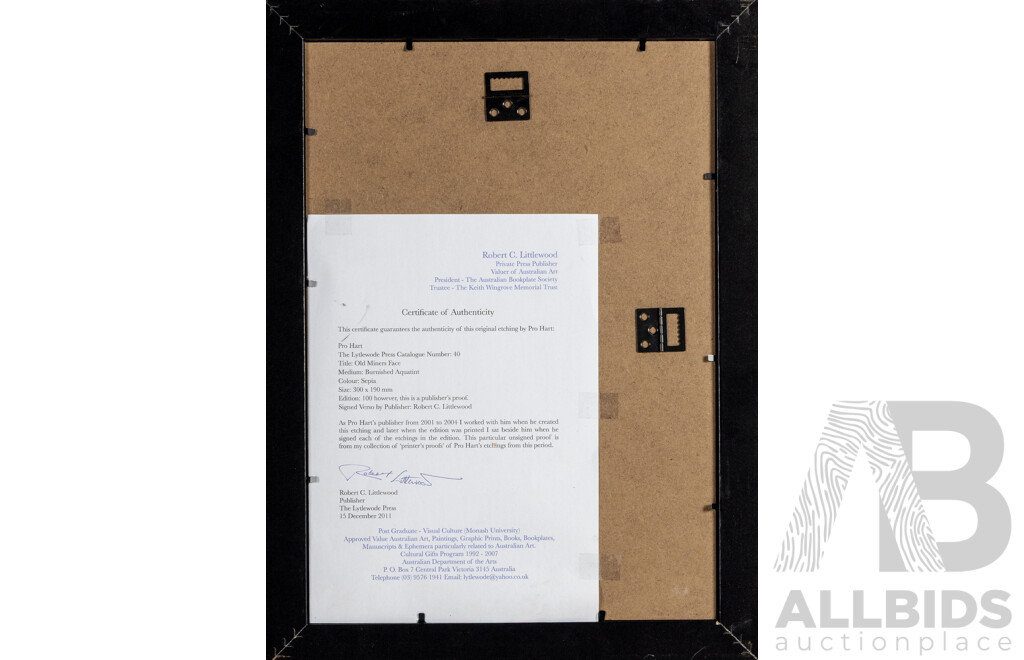 Pro Hart, (20th Century, Australian, 1928--2006), Old Miners Face, Burnished Aquatint Etching, Unsigned Printer's Proof, 49 x 36 cm (frame)