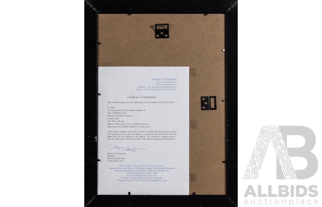 Pro Hart, (20th Century, Australian, 1928--2006), Old Miners Face (I), Burnished Aquatint Etching, Unsigned Printer's Proof, 49 X 36 Cm (frame)