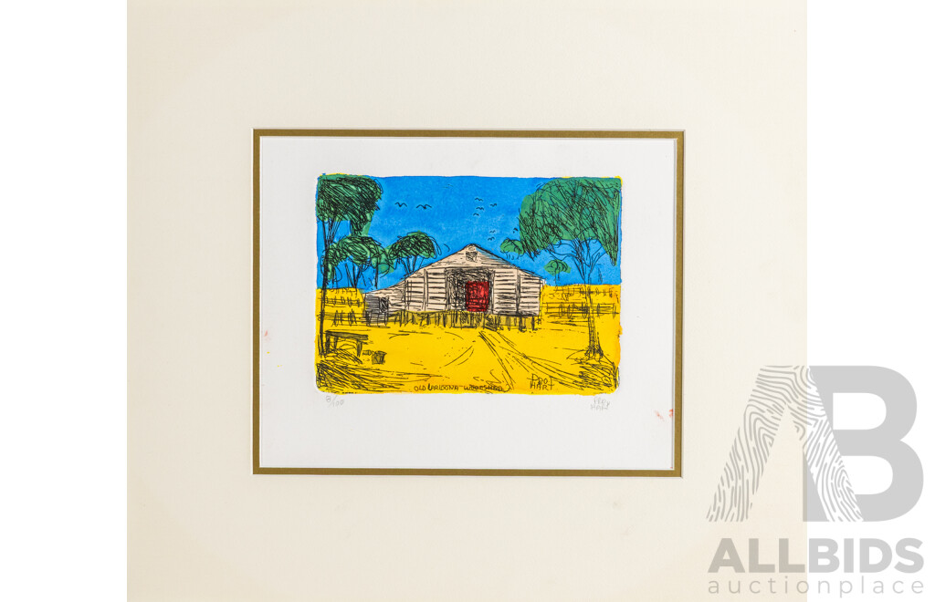 Pro Hart (20th Century, Australian, 1928-2006), Old Larloona Woolshed, Hand Coloured Editioned Etching, 12 x 17 cm (image)