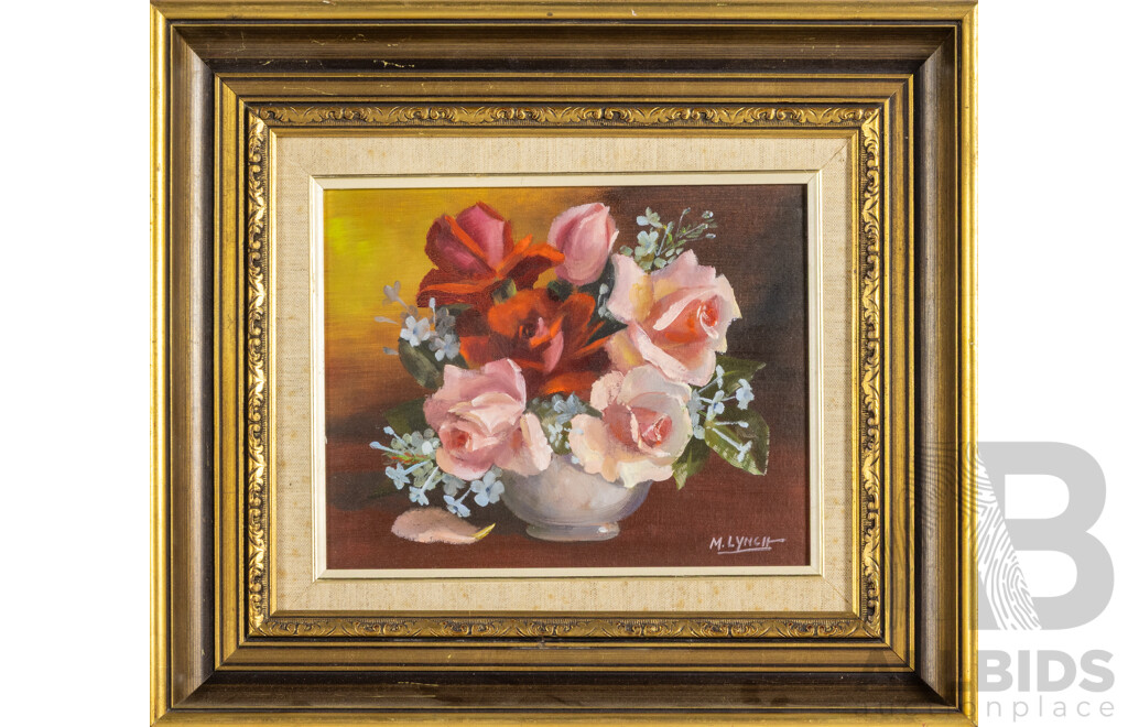 M. Lynch, (20th Century, Australian), Roses, Original Vintage Oil on Canvas Board, 36 x 41 cm (frame)