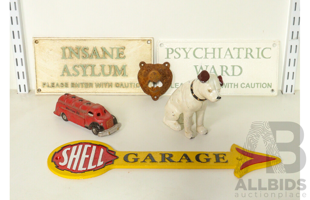 Collection of Cast Iron Wall Mounts and Figurines Including Shell Garage, Insane Asylum, Psychiatric Ward and More