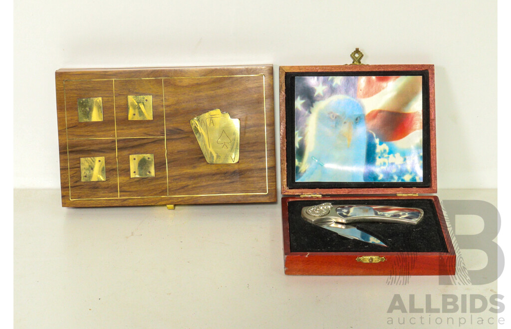 Wooden Game Box with Cards and Dice and Collector Knife Featuring an Eagle and American Flag Design with Case