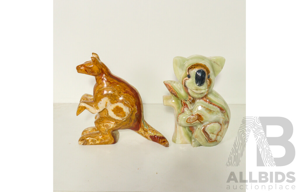 Pair of Multi Coloured Marble Sculptures of Kangaroo and Koala Holding Branch