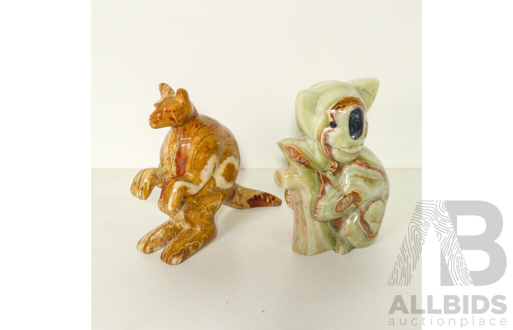Pair of Multi Coloured Marble Sculptures of Kangaroo and Koala Holding Branch