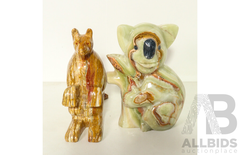 Pair of Multi Coloured Marble Sculptures of Kangaroo and Koala Holding Branch