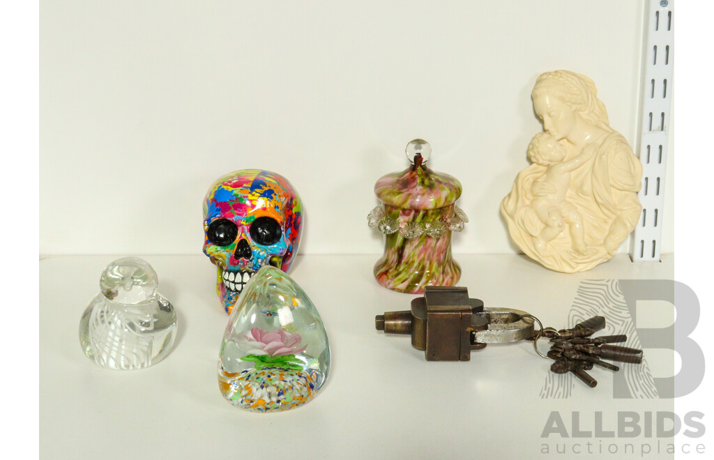 Collection of Sundries Including Colourful Skull, Glass Sculptures, Madonna and Child Sculpture, Vintage Puzzle Padlock and More