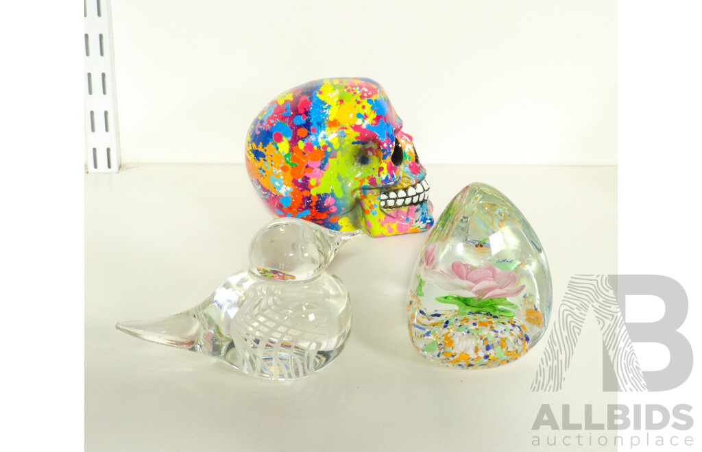 Collection of Sundries Including Colourful Skull, Glass Sculptures, Madonna and Child Sculpture, Vintage Puzzle Padlock and More