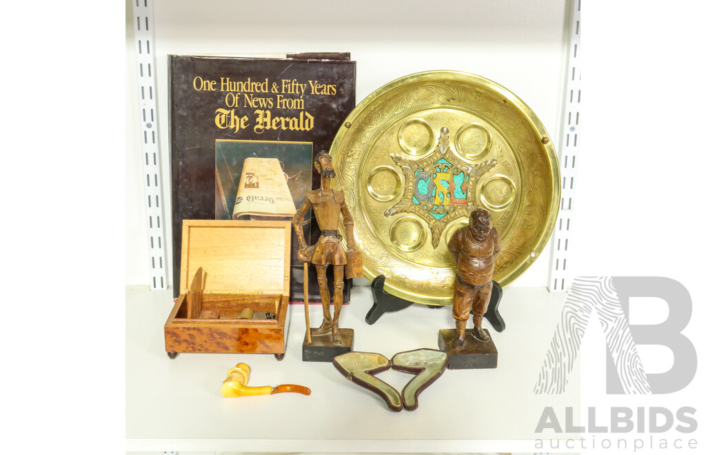 Collection of Sundries Including News Book From the Herald, Wooden Figurines, Music Box, Pipe and Brass Seder Plate