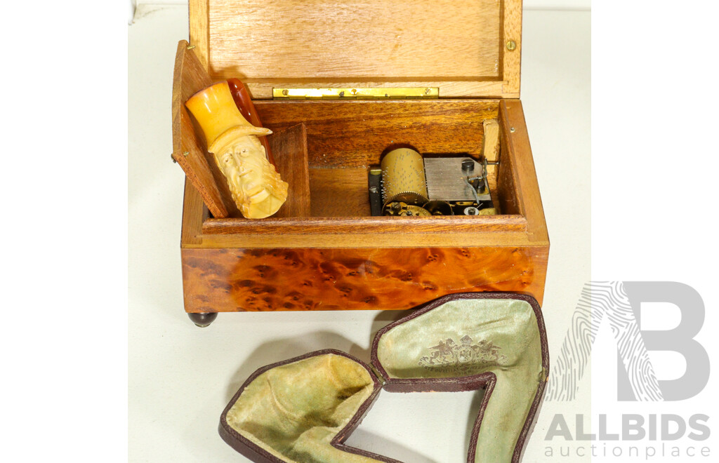 Collection of Sundries Including News Book From the Herald, Wooden Figurines, Music Box, Pipe and Brass Seder Plate