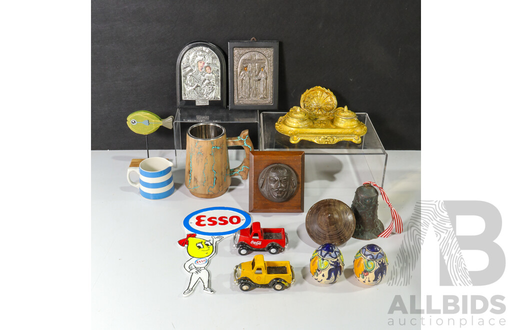 Collection of Sundries Including Cast Iron Wall Mount and Trucks, Salt and Pepper Shakers, Religious Plaques, Cups and More