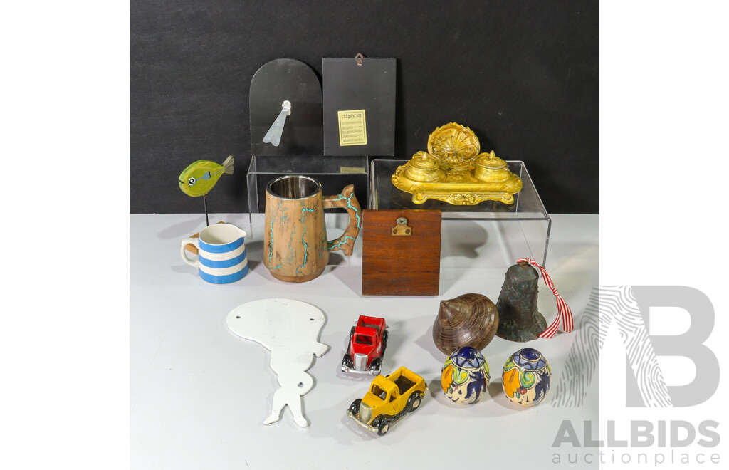 Collection of Sundries Including Cast Iron Wall Mount and Trucks, Salt and Pepper Shakers, Religious Plaques, Cups and More